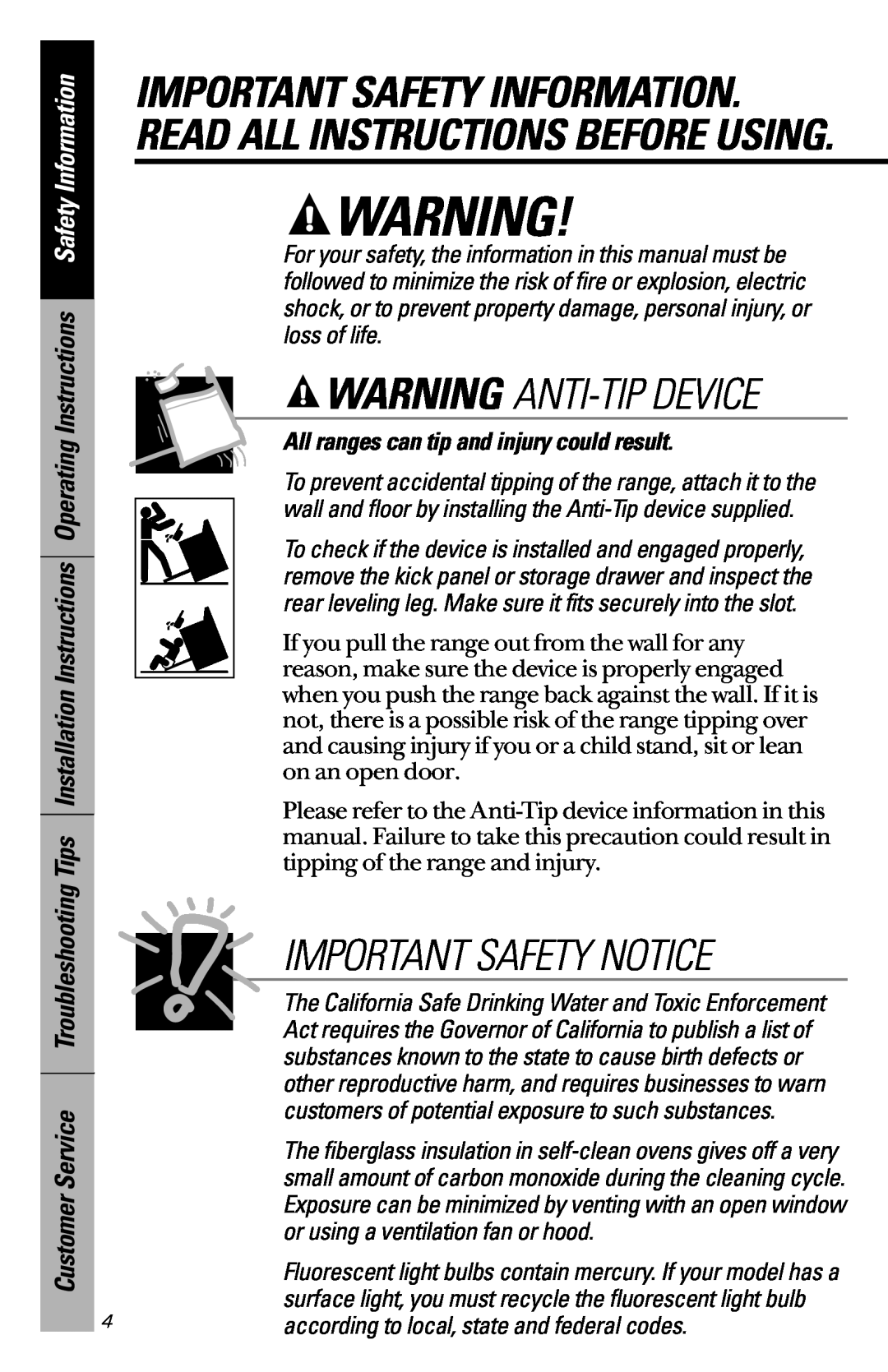 GE JBP47, JBP46, JBP45 Warning Anti-Tip Device, Important Safety Notice, All ranges can tip and injury could result 