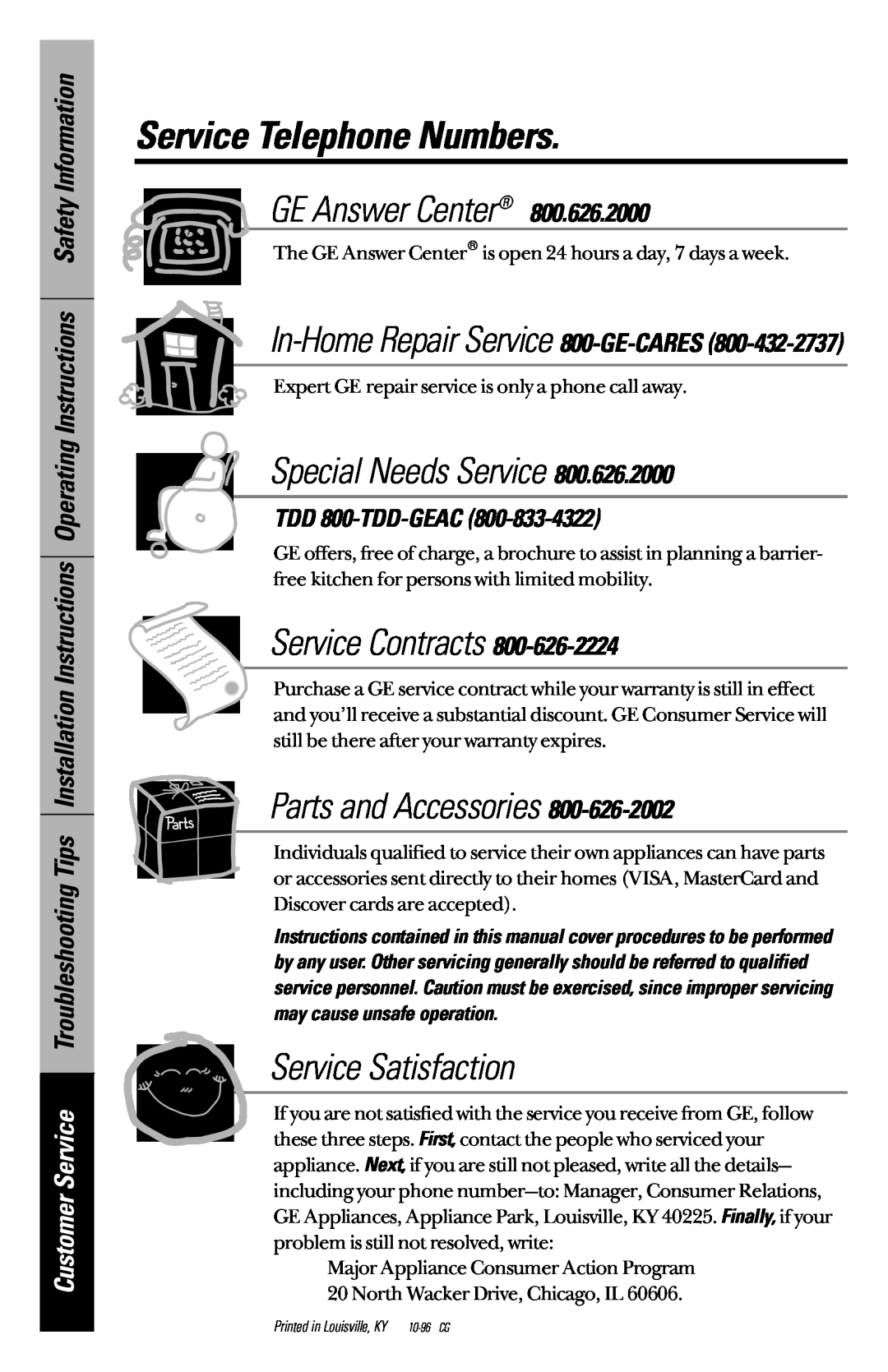 GE JBP45, JBP46, JBP47 Service Telephone Numbers, In-Home Repair Service 800-GE-CARES, TDD 800-TDD-GEAC, GE Answer Center 