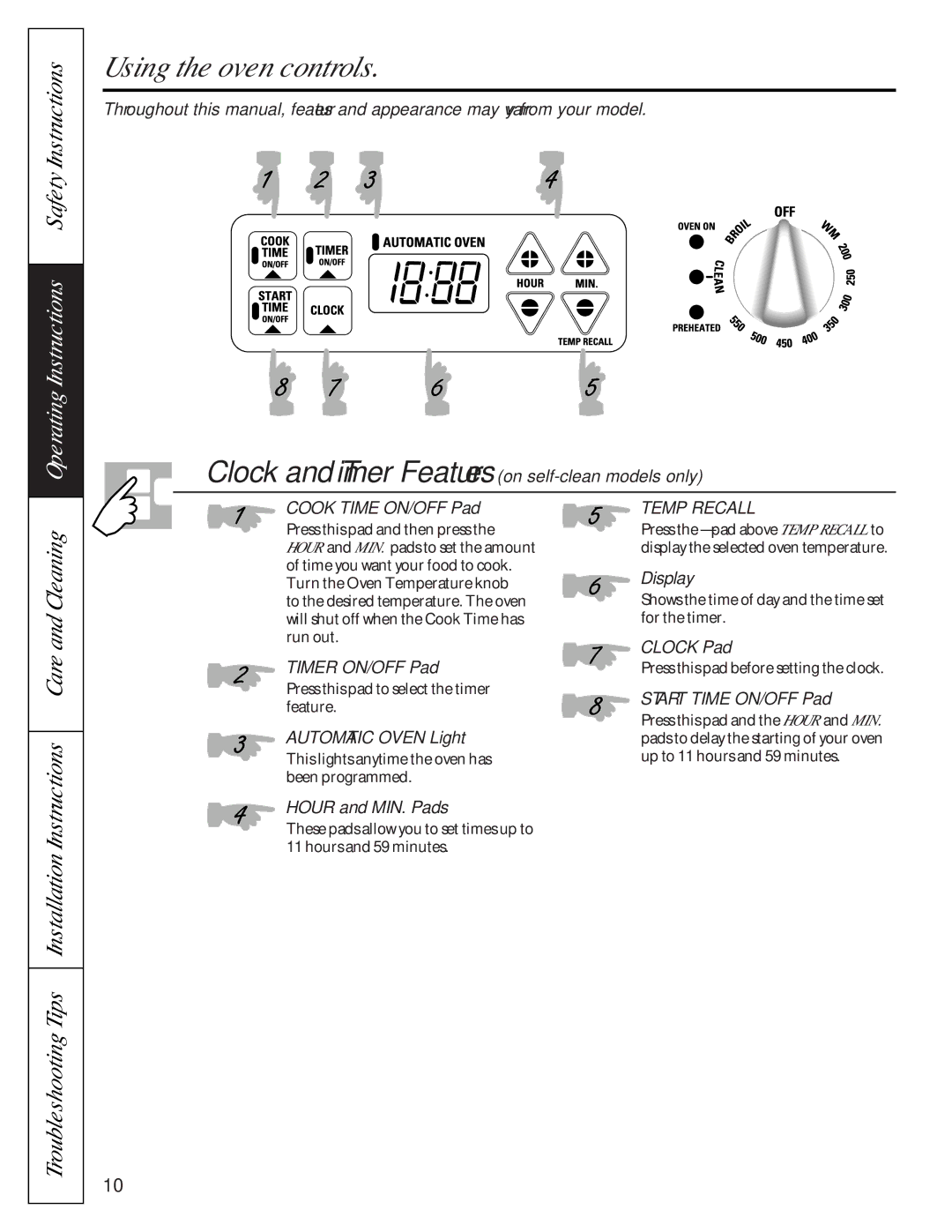 GE JBP46WI, JBP76WI, JBS07PI Using the oven controls, Troubleshooting Tips Installation, Instructions Care and Cleaning 