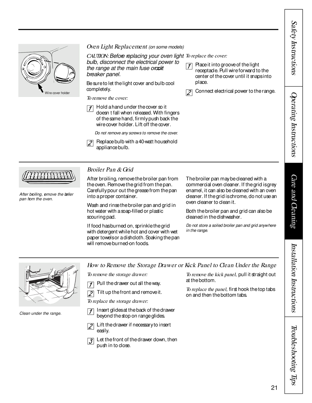 GE JBP76WI, JBP46WI Safety Instructions Operating Instructions, Oven Light Replacement on some models, Broiler Pan & Grid 