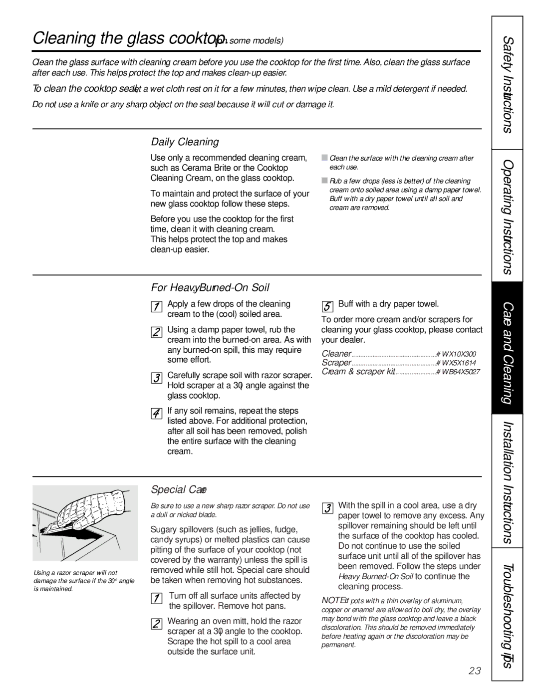 GE 49-8830-1A, JBP46WI Cleaning the glass cooktop. on some models, Care and Cleaning Installation, Safety Instructions 