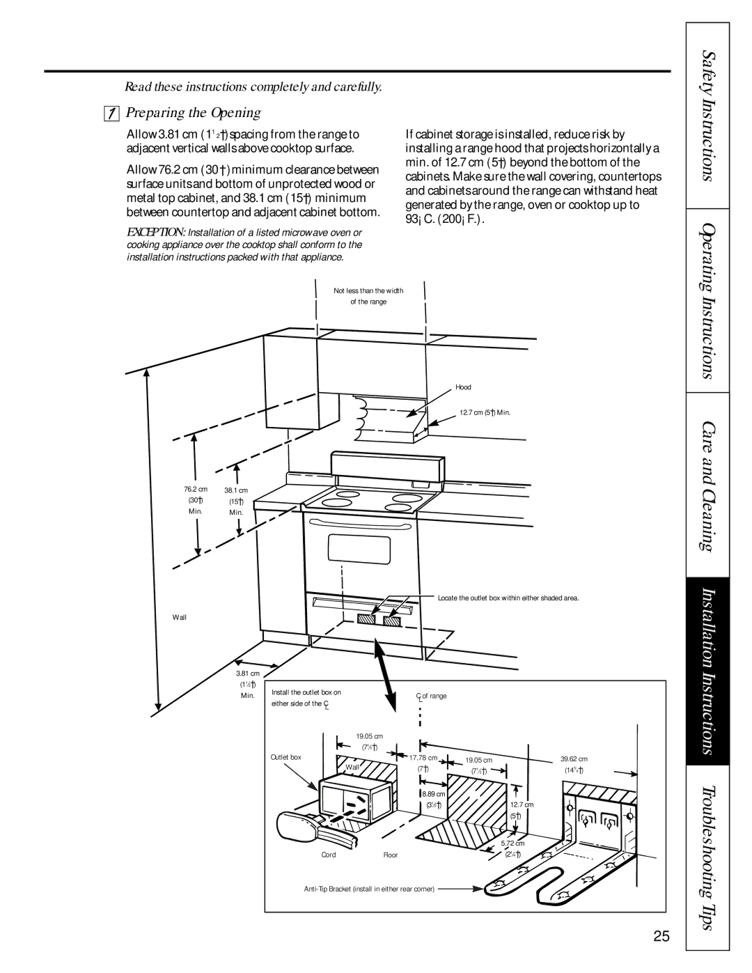 GE JBP46WI, JBP76WI, JBS07PI Tips, Care and Cleaning Installation Instructions Troubleshooting, Preparing the Opening 