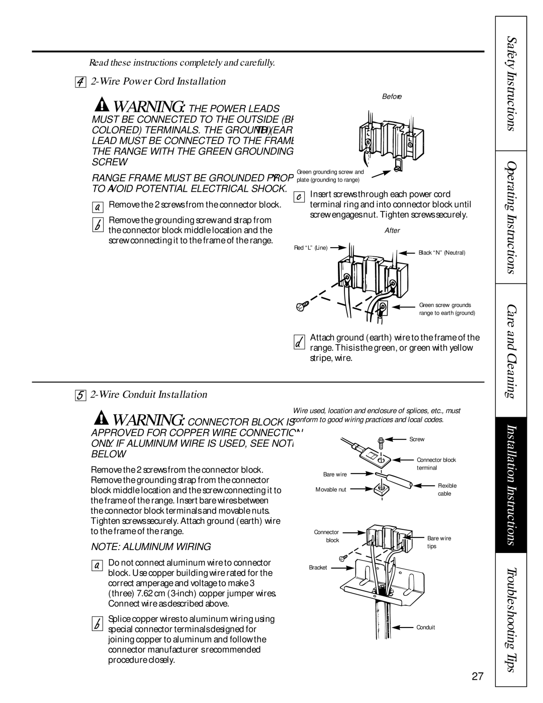 GE JBS07PI Wire Power Cord Installation, Wire Conduit Installation, Read these instructions completely and carefully 