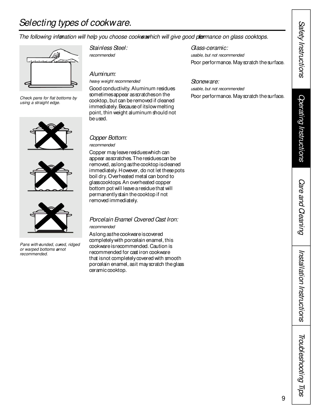 GE 164D3333P072, JBP46WI, JBP76WI, JBS07PI, 49-8830-1A owner manual Selecting types of cookware, Safety, Instructions Operating 