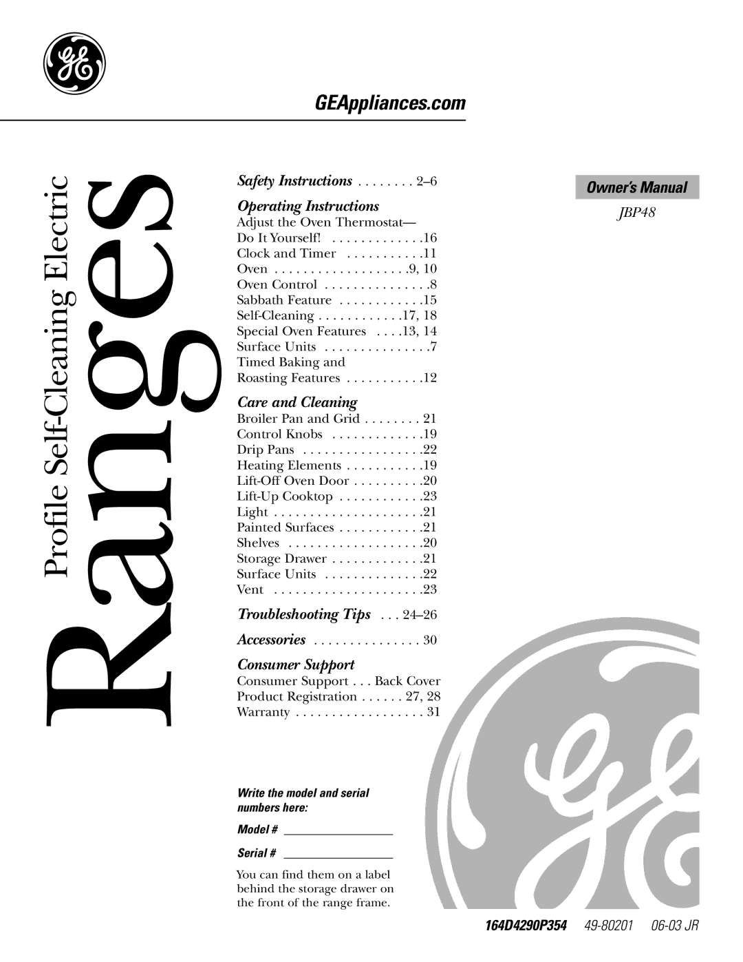 GE JBP48 owner manual GEAppliances.com, Write the model and serial numbers here Model # Serial # 