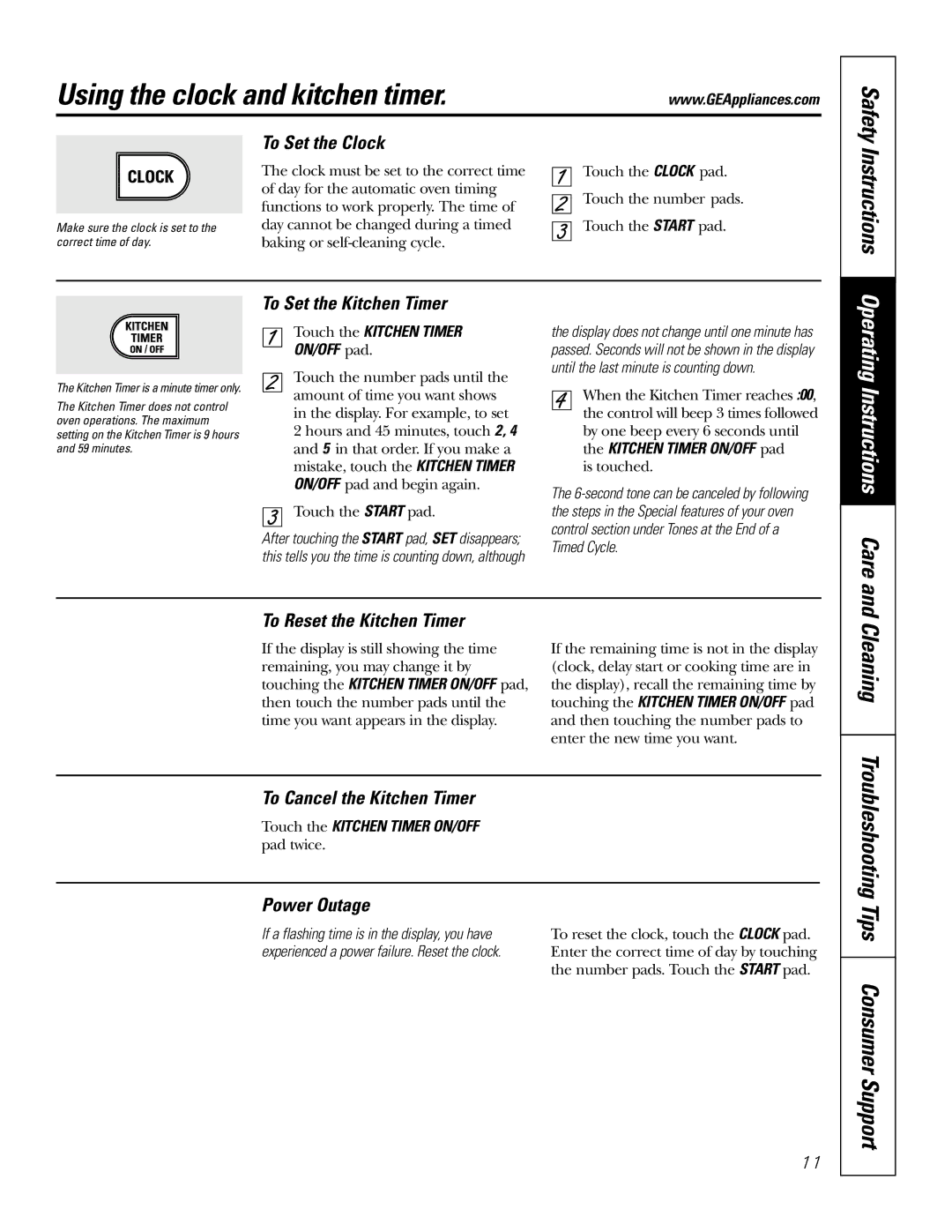 GE JBP48 owner manual Using the clock and kitchen timer, Cleaning, Troubleshooting Tips Consumer Support 