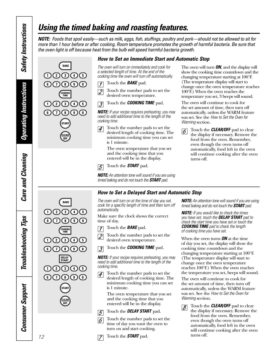 GE JBP48 owner manual Using the timed baking and roasting features, Safety Instructions, Cleaning Operating Instructions 