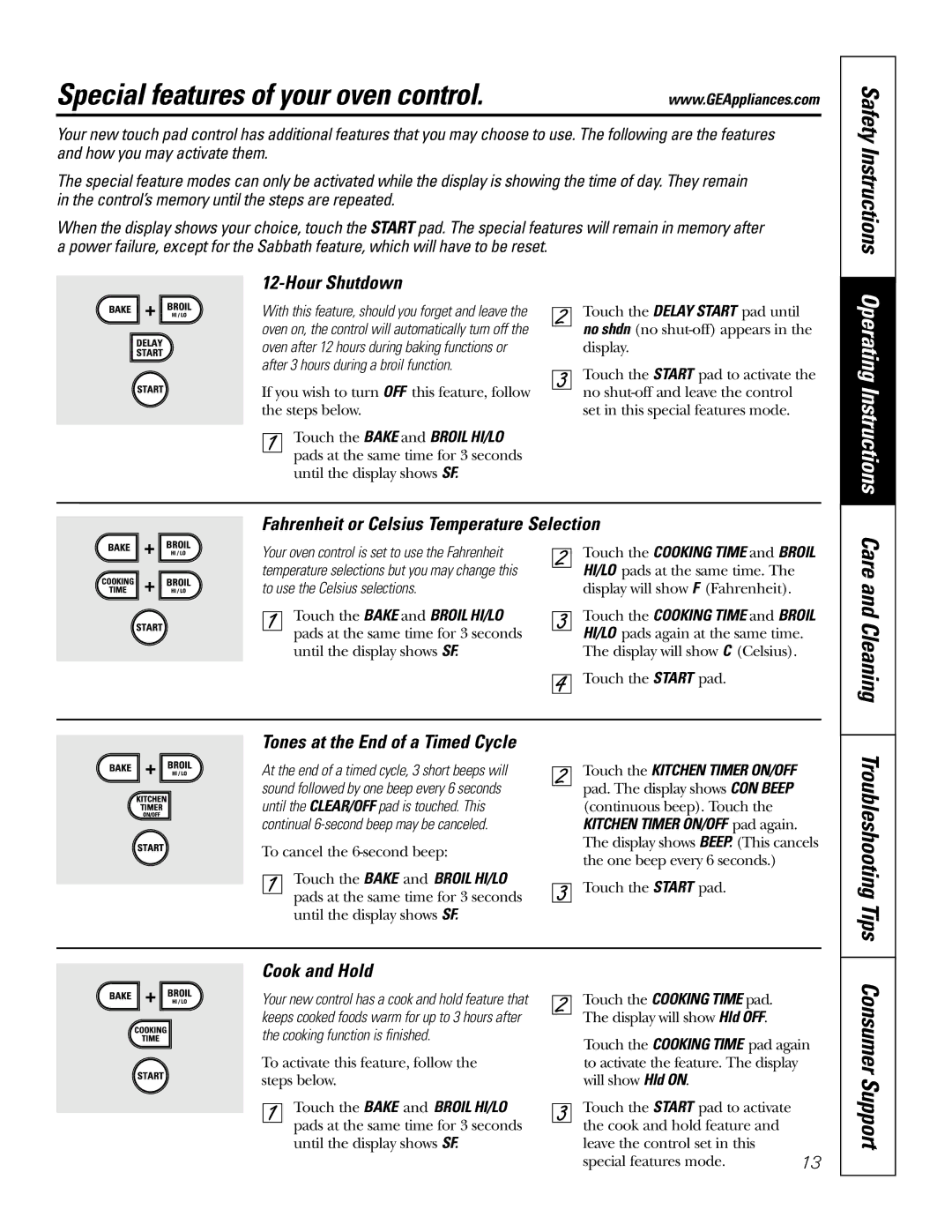 GE JBP48 Special features of your oven control, Hour Shutdown, Fahrenheit or Celsius Temperature Selection, Cook and Hold 