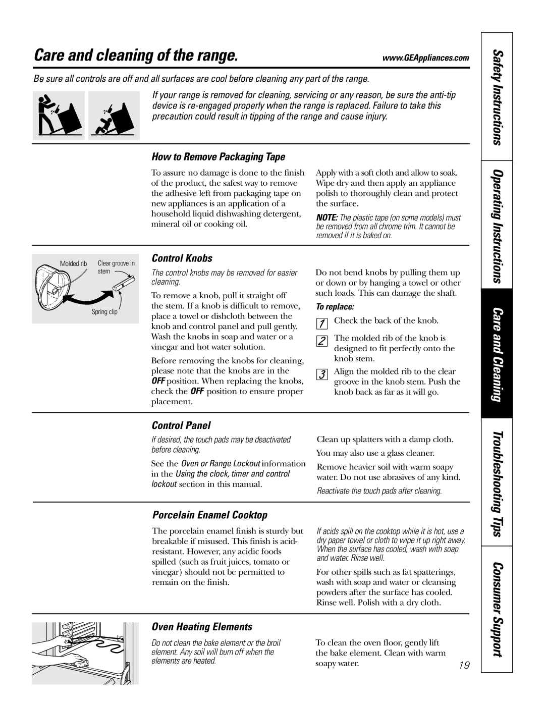 GE JBP48 owner manual Care and cleaning of the range, Tips Consumer, Support, Safety Instructions 