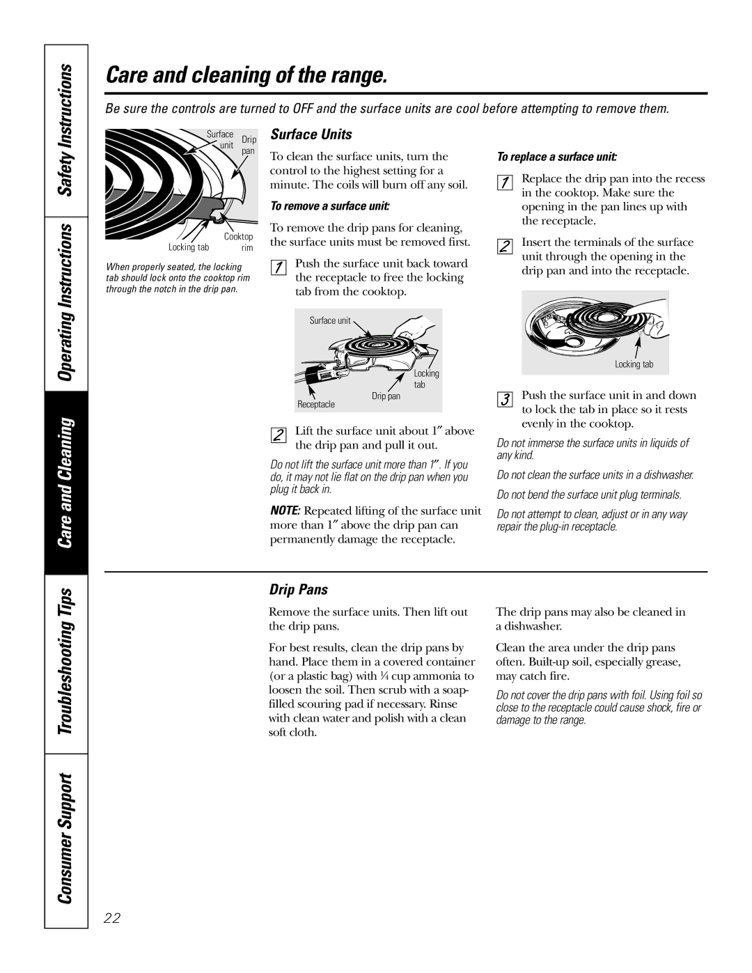 GE JBP48 owner manual Care and Cleaning Operating Instructions, Surface Units, Drip Pans 