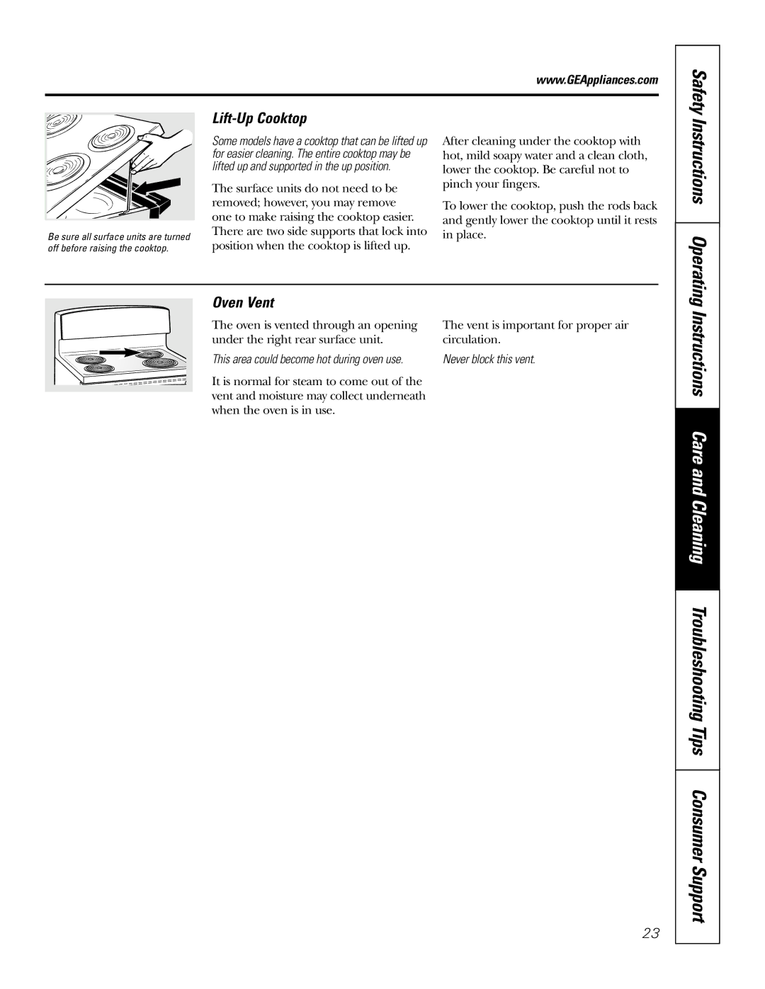 GE JBP48 owner manual Instructions Operating, Lift-Up Cooktop, Oven Vent, Never block this vent 