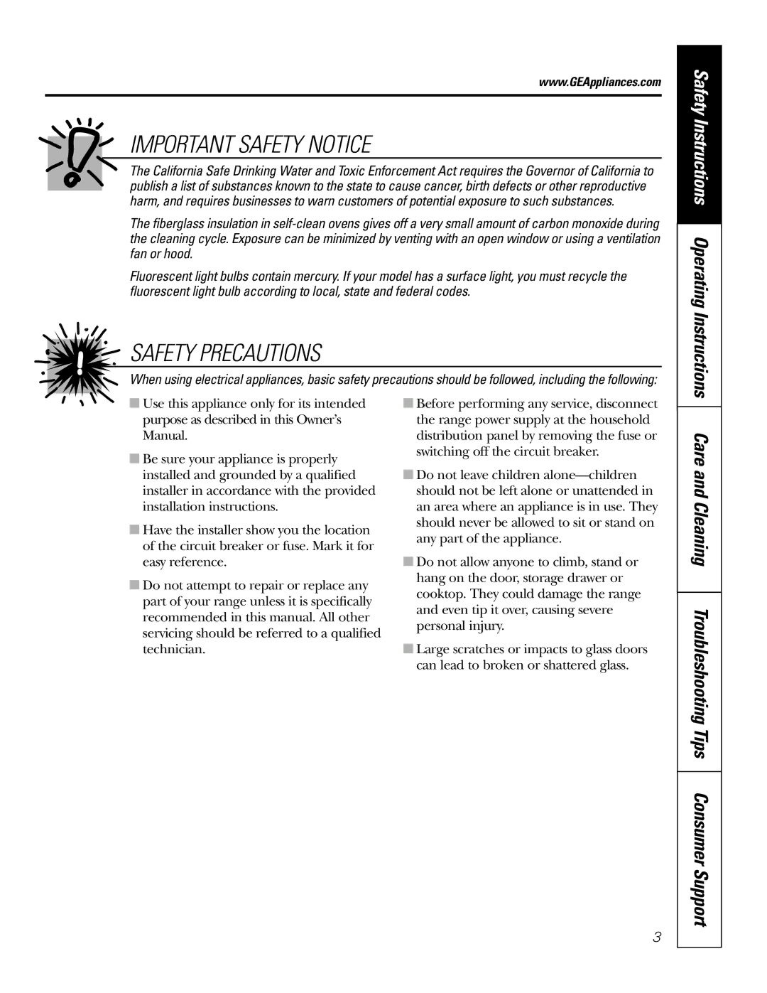 GE JBP48 owner manual Care and Cleaning Troubleshooting Tips Consumer Support, Safety Instructions Operating Instructions 