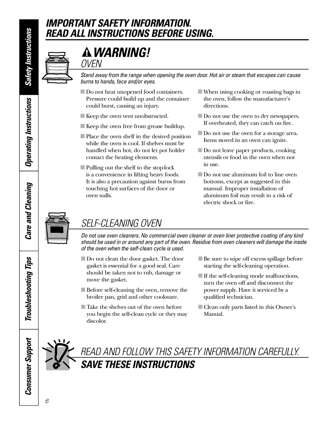 GE JBP48 owner manual Safety Instructions, Care, Consumer Support, Cleaning Operating Instructions, Troubleshooting Tips 