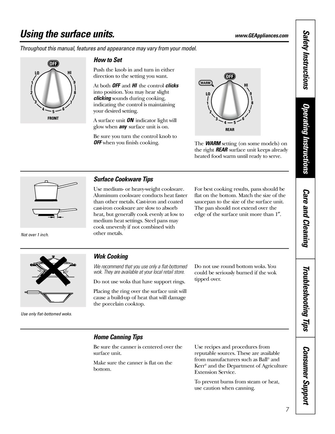 GE JBP48 owner manual Using the surface units, Care and Cleaning, Tips Consumer Support 