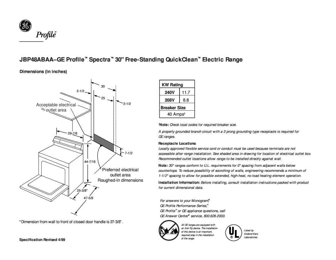 GE JBP48ABAAGE dimensions Dimensions in inches, Preferred electrical outlet area, Roughed-indimensions, KW Rating, 240V 