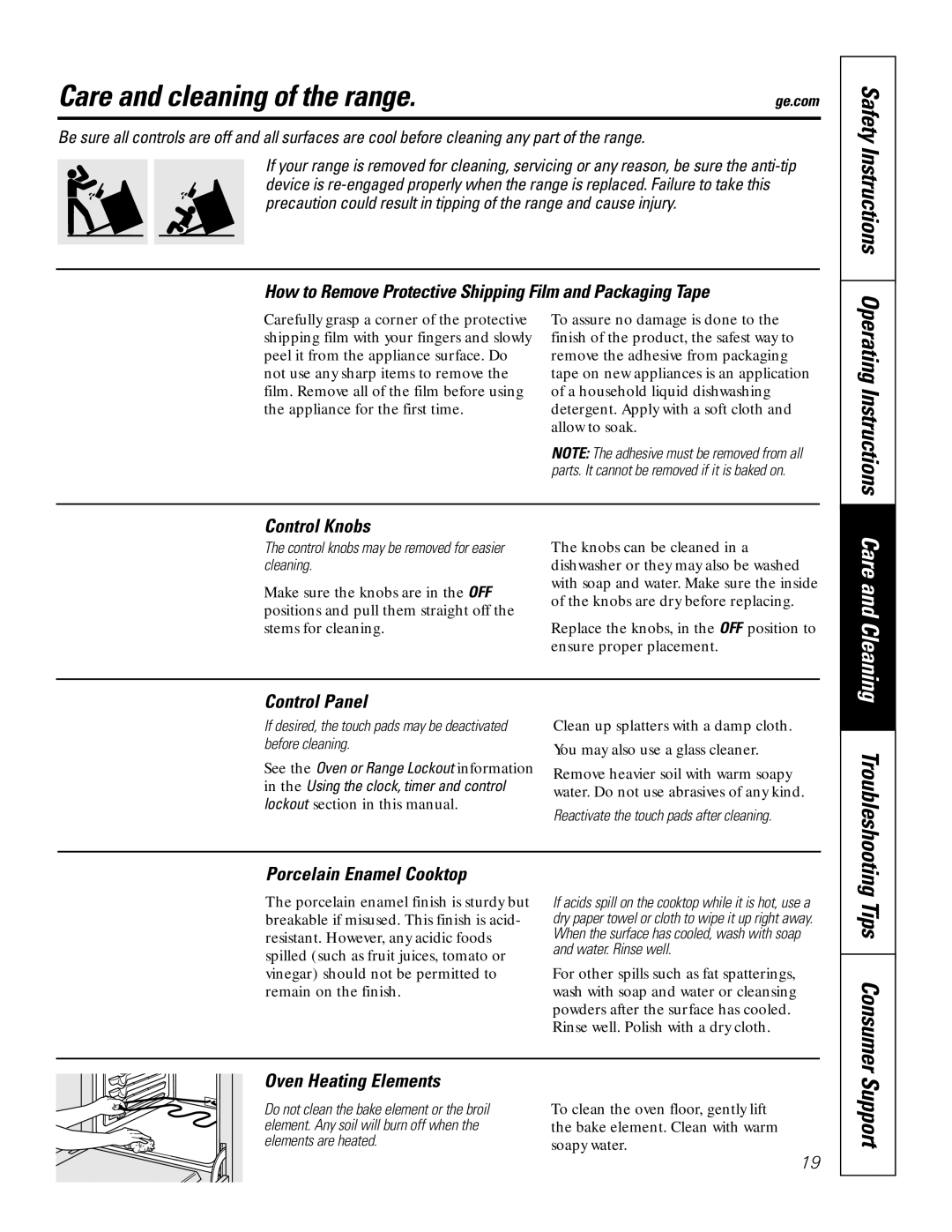 GE JBP49 owner manual Care and cleaning of the range, Tips Consumer, Support, Operating Instructions 