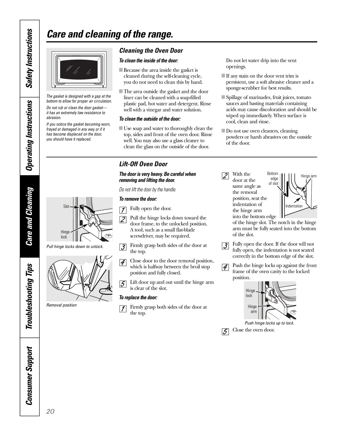 GE JBP49 owner manual Consumer Support Troubleshooting Tips Care and Cleaning, Cleaning the Oven Door, Lift-Off Oven Door 