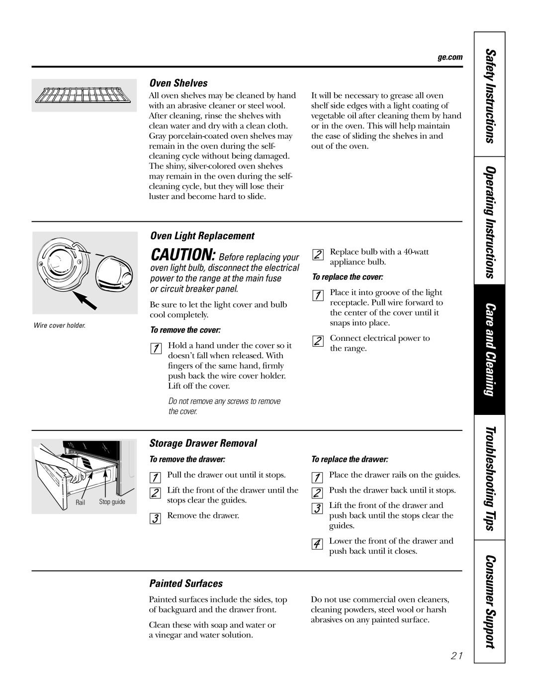 GE JBP49 owner manual Oven Shelves, Oven Light Replacement, Storage Drawer Removal, Painted Surfaces 