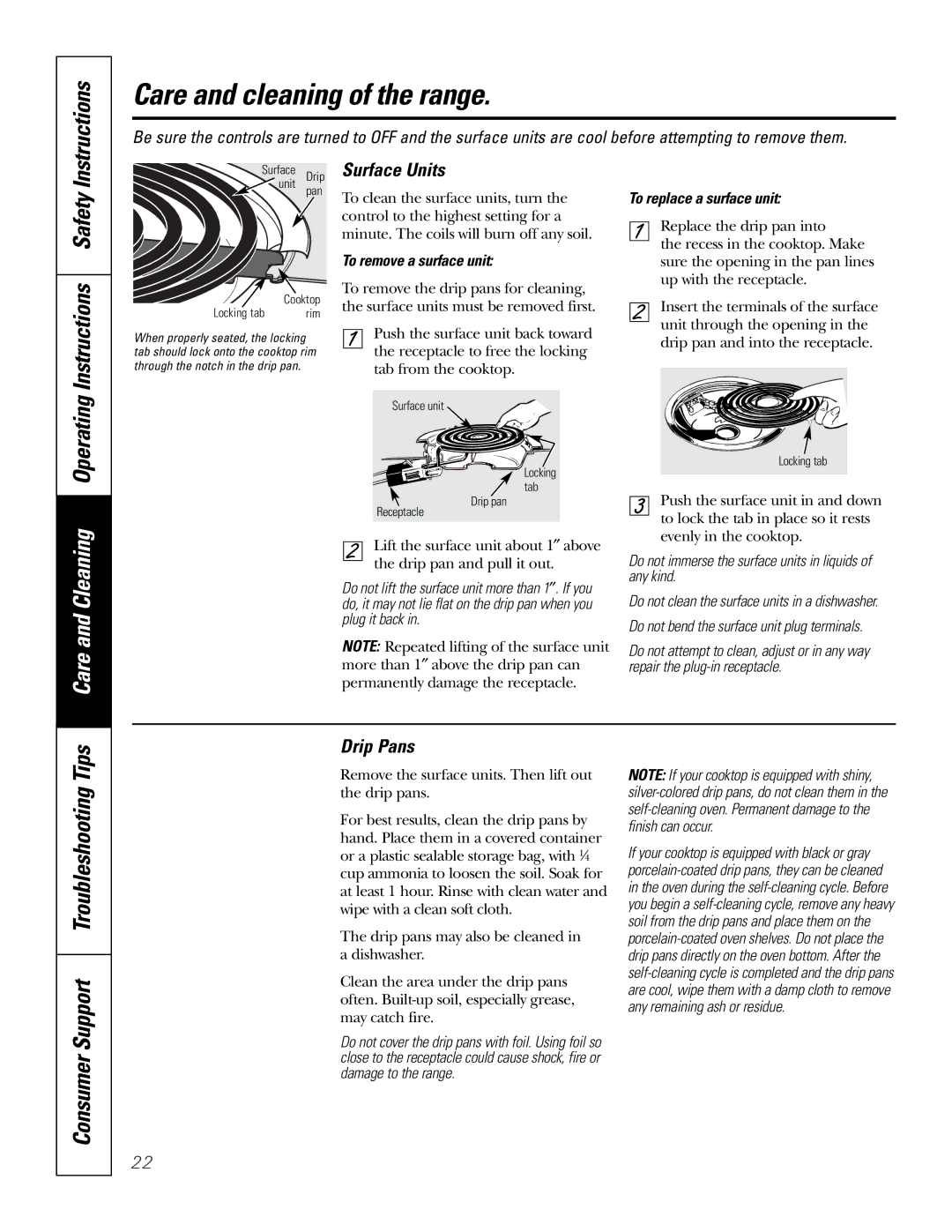 GE JBP49 owner manual Surface Units, Drip Pans, To remove a surface unit To replace a surface unit 