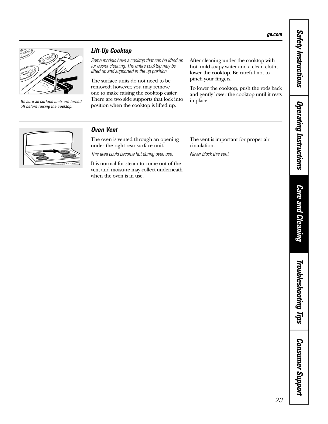 GE JBP49 owner manual Instructions Operating, Lift-Up Cooktop, Oven Vent, Safety 