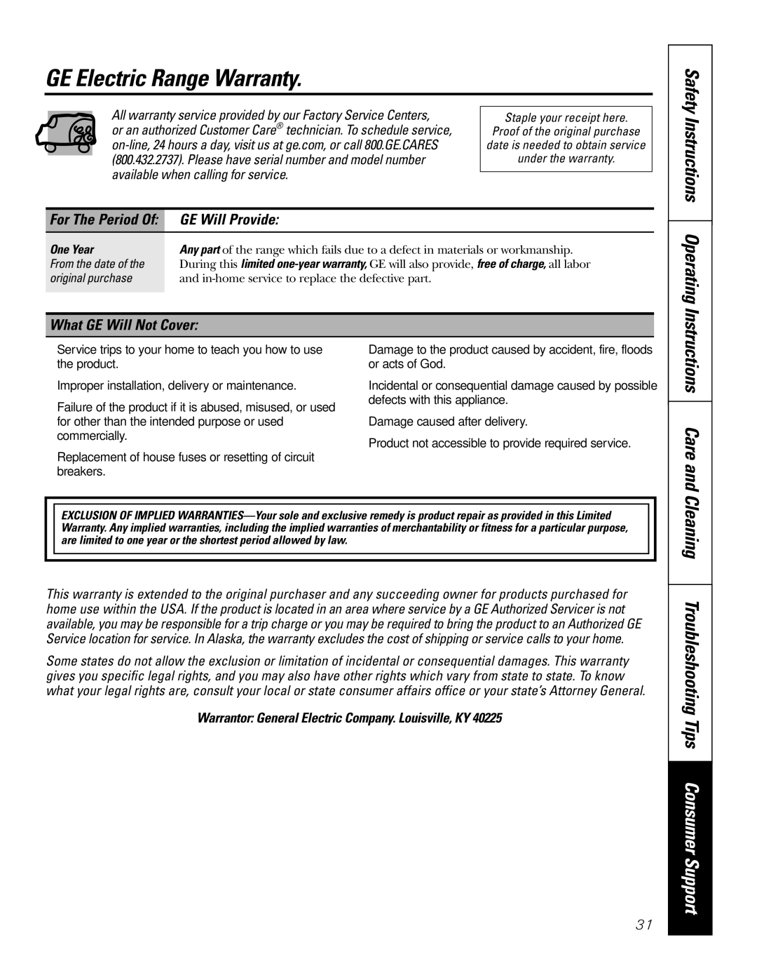 GE JBP49 GE Electric Range Warranty, Safety Instructions Operating, Cleaning Troubleshooting Tips Consumer Support 