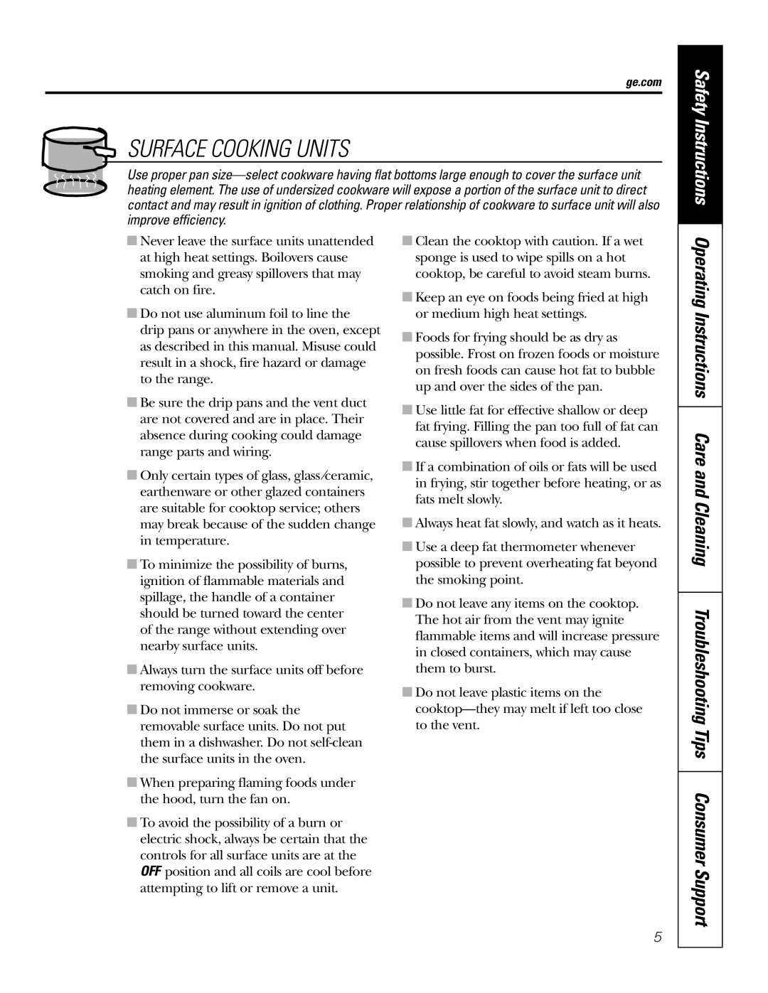 GE JBP49 owner manual Surface Cooking Units 