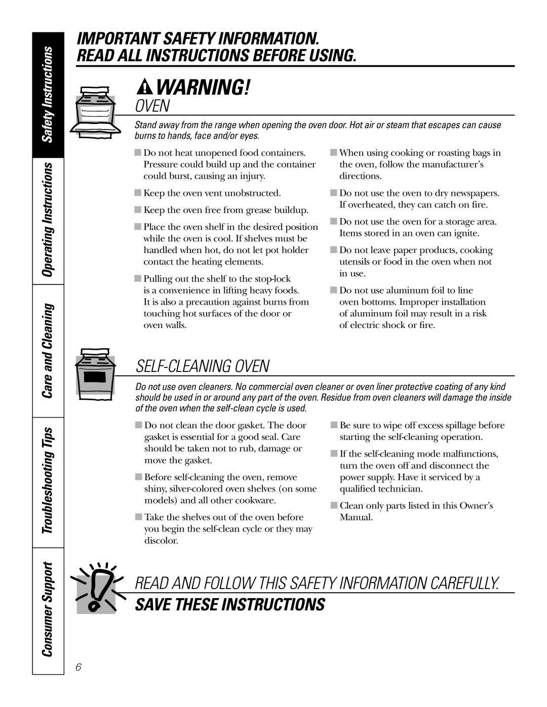 GE JBP49 owner manual Cleaning Operating Instructions, Care, Troubleshooting Tips 