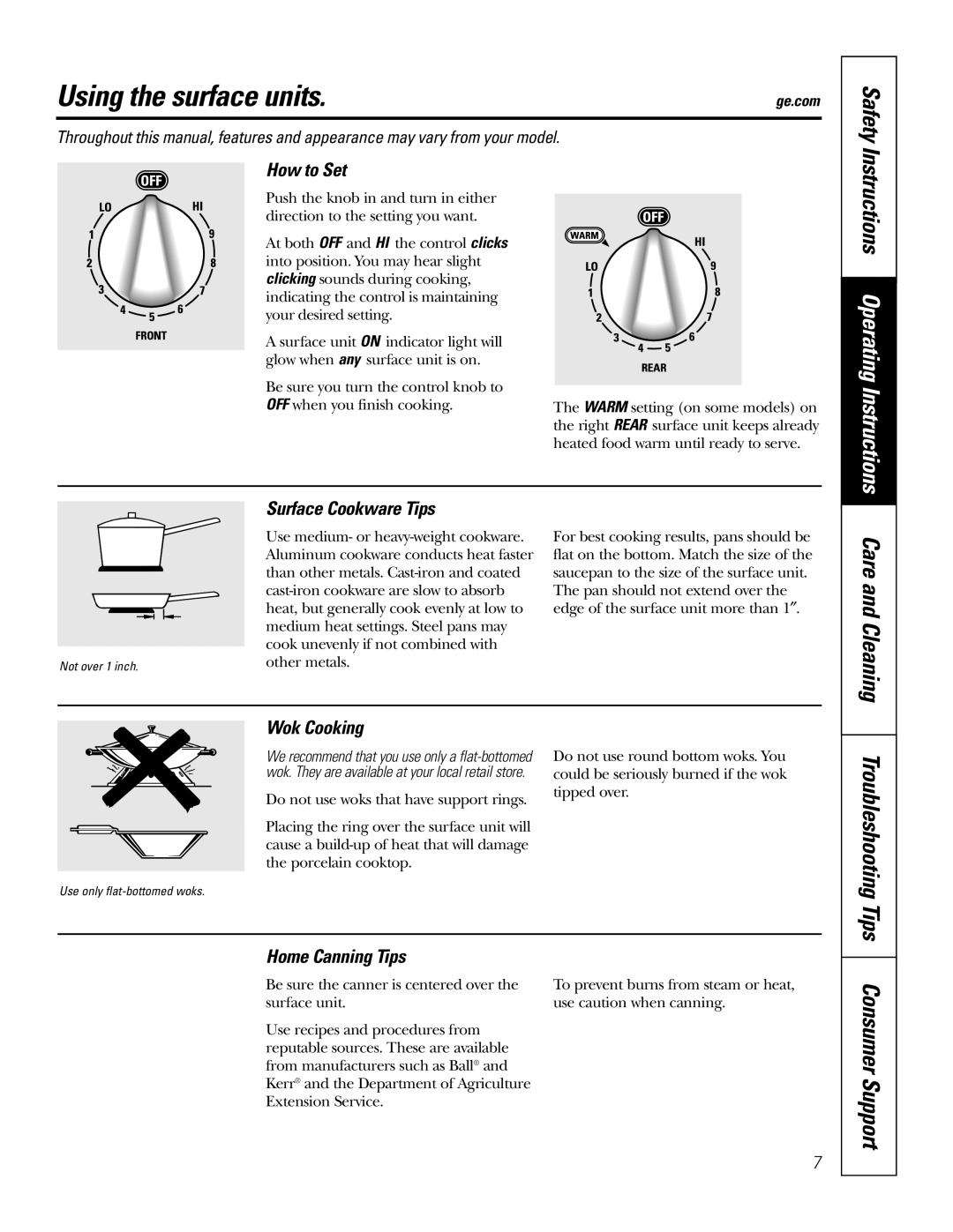 GE JBP49 owner manual Using the surface units, How to Set, Surface Cookware Tips, Wok Cooking, Home Canning Tips 