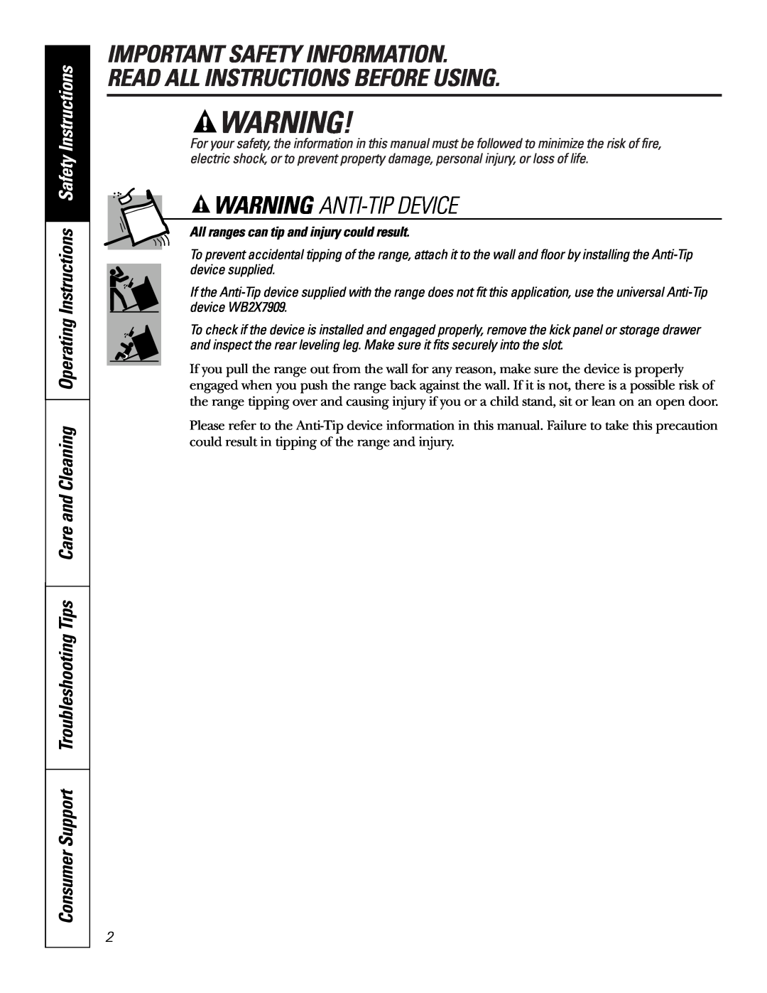 GE JBP49 owner manual Important Safety Information Read All Instructions Before Using, Warning Anti-Tip Device 
