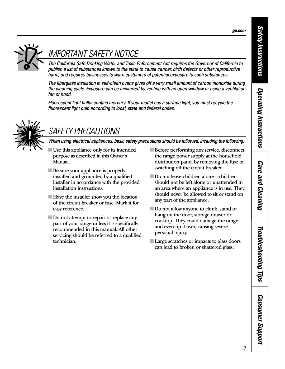 GE JBP49 owner manual Important Safety Notice, Safety Precautions, Care and Cleaning Troubleshooting Tips Consumer Support 