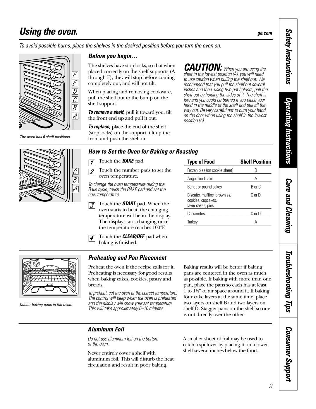 GE JBP49 Using the oven, Safety, Consumer Support, Before you begin…, How to Set the Oven for Baking or Roasting 