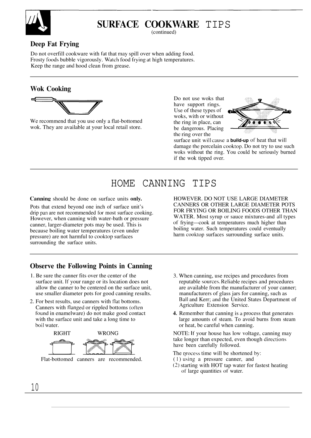 GE JBP55 SU~ACE COOKWA~ Tips, Home Canning Tips, Deep Fat Frying, Wok Cooking, Observe the Following Points in Canning 