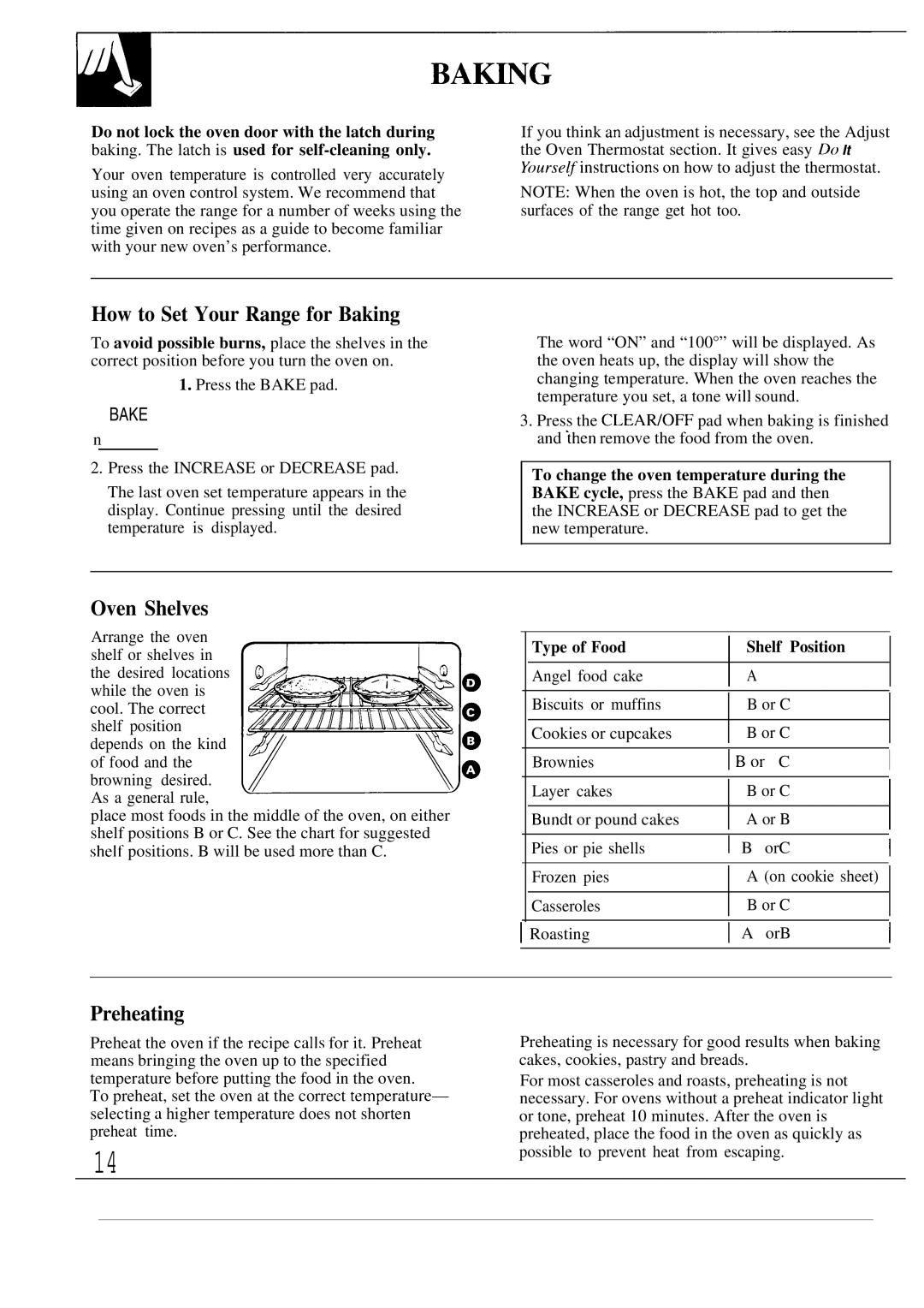 GE JBP55, JBP56 BAmNG, How to Set Your Range for Baking, Preheating, Bake, Type of Food Shelf Position 