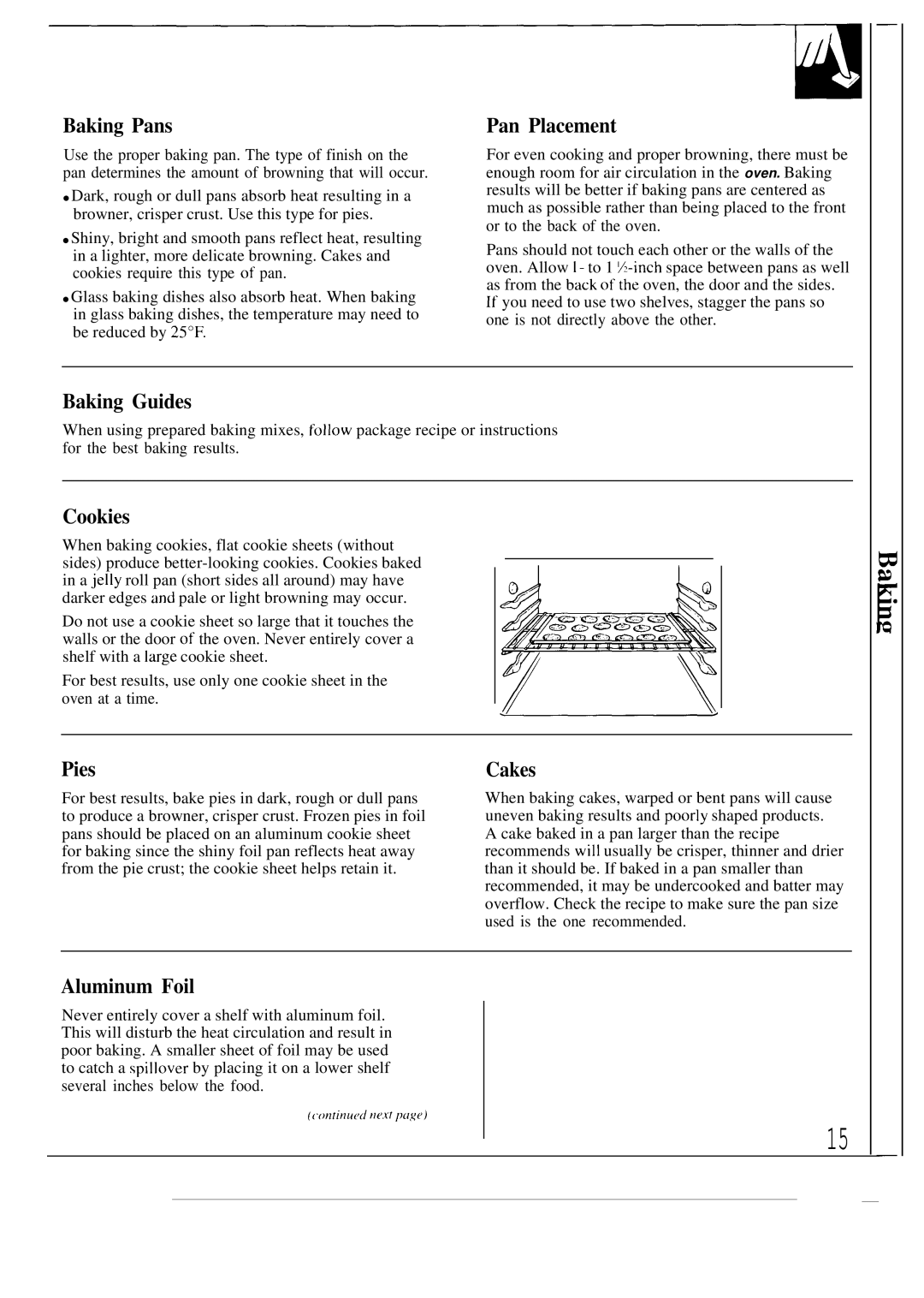 GE JBP56, JBP55 operating instructions Baking Pans, Pan Placement, Baking Guides, Cookies, Pies, Cakes, Aluminum Foil 