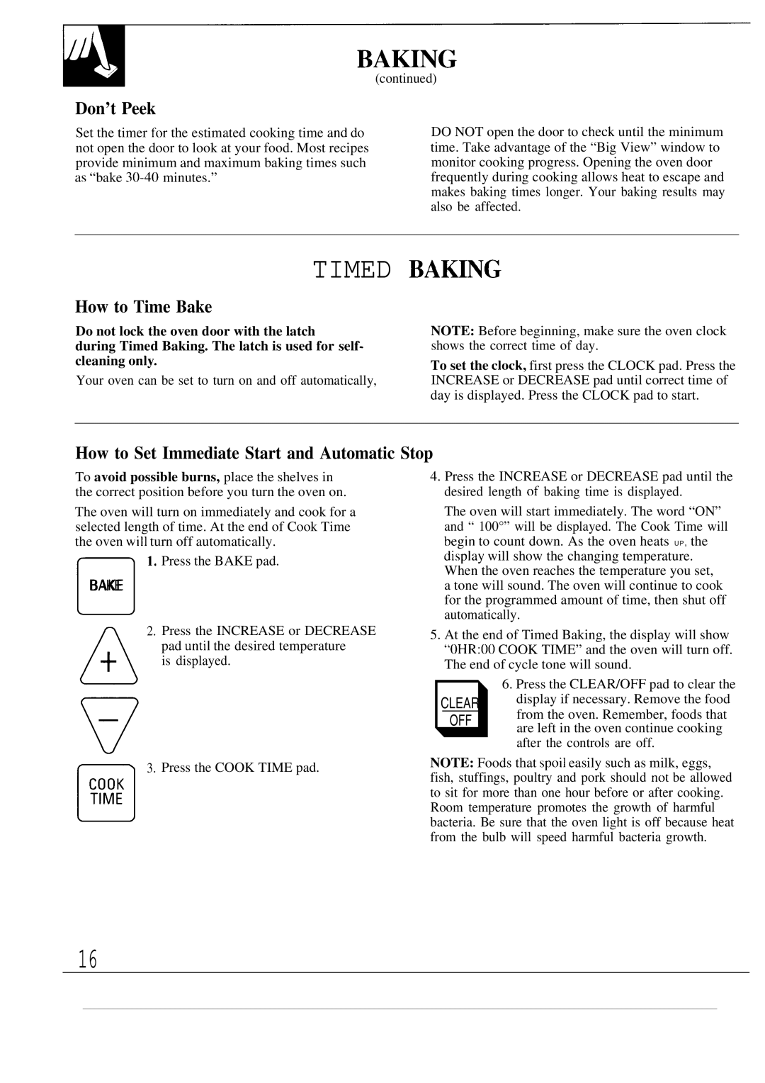 GE JBP55, JBP56 Ba~Ng, Timed BA~NG, Don’t Peek, How to Time Bake, How to Set Immediate Start and Automatic Stop 