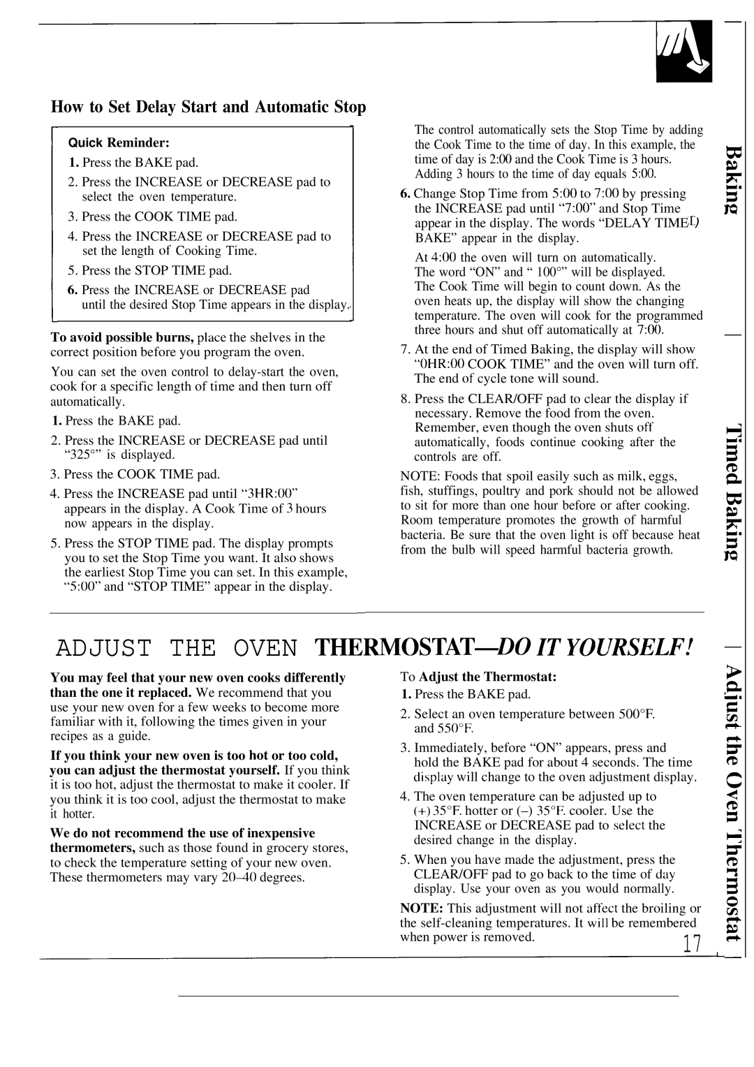 GE JBP56, JBP55 Adjust the Oven THE~OSTAT-DO ZT Yourselfy, How to Set Delay Start and Automatic Stop, Quick Reminder 