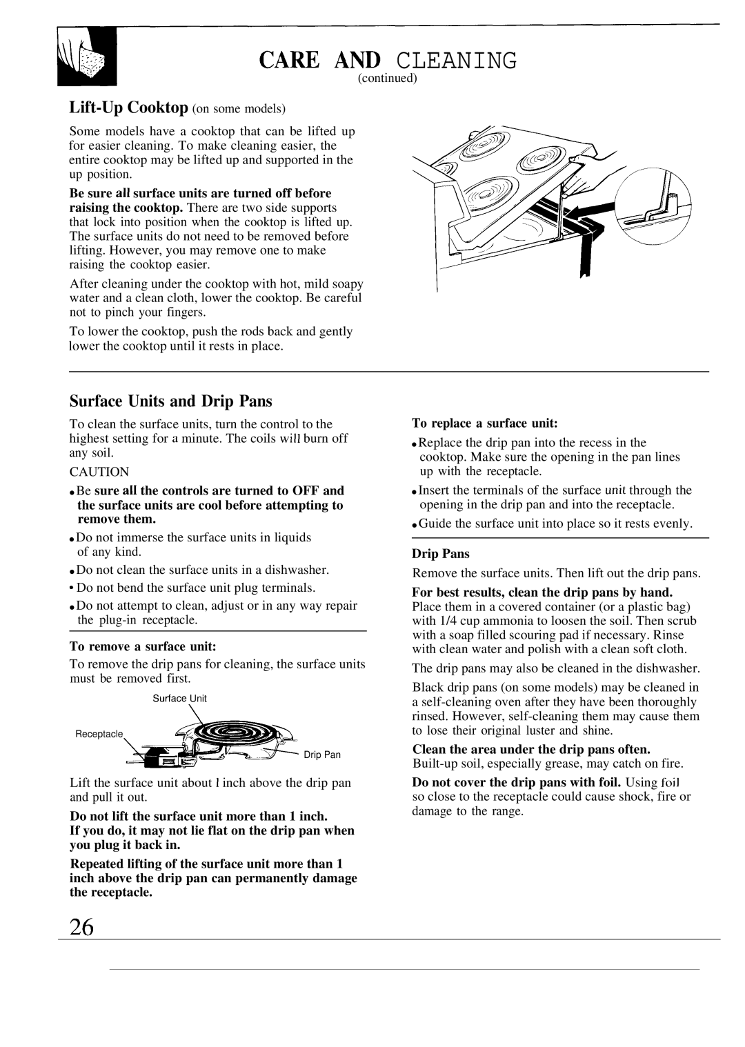 GE JBP55, JBP56 operating instructions CAm Am Cleaning, Lift-Up Cooktop on some models, Surface Units and Drip Pans 