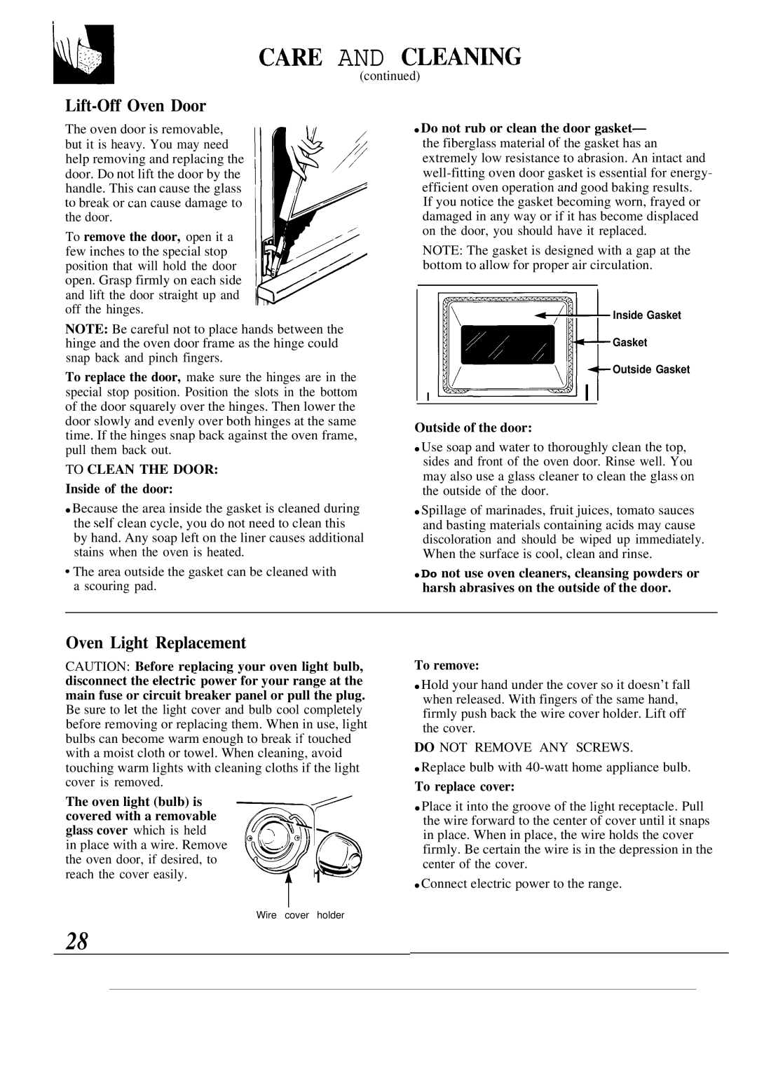 GE JBP55, JBP56 CAm and CLEAN~G, Lift-Off Oven Door, Oven Light Replacement, Inside of the door, Outside of the door 