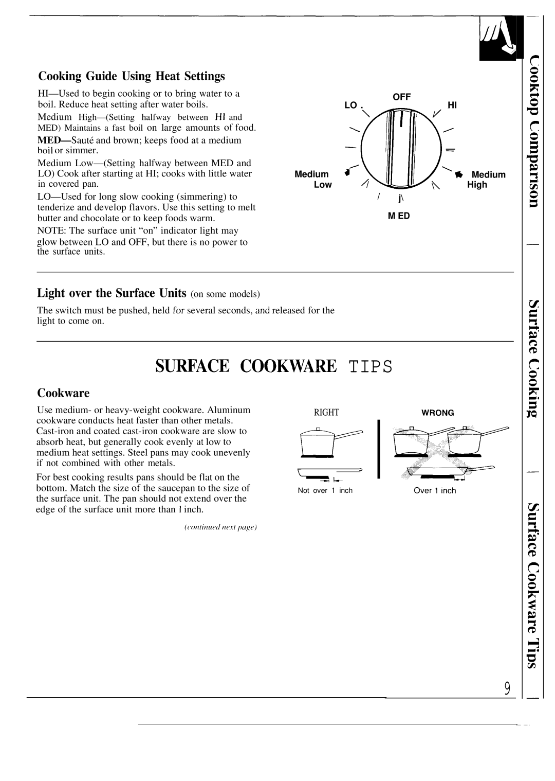 GE JBP56 SU~ACE COOKWAm Tips, Cooking Guide Using Heat Settings, Light over the Surface Units on some models, Cookware 