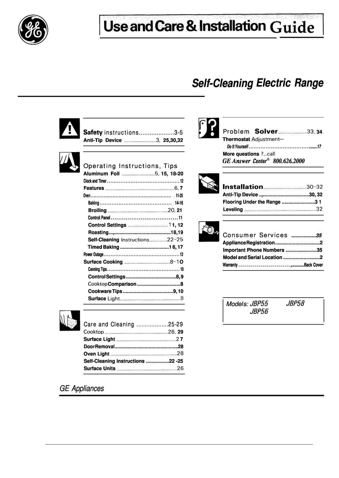 GE JBP56 operating instructions I Useandtire&ln*llation Guide, Self-Cleaning Electric Range, GE Appliances, 3O.32, 25-29 