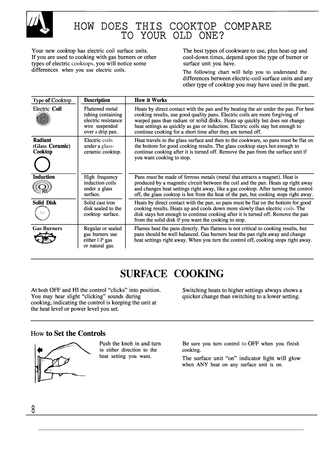 GE JBP55 How Does This Cooktop Compare To Your Old One?, SU~ACE COOmG, How to Set the Controls, l“ ~, ~pe of Cooktop 