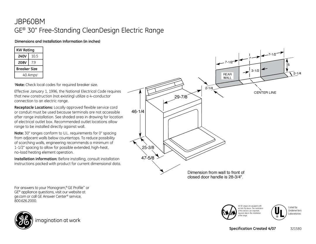 GE JBP60BM installation instructions GE 30 Free-Standing CleanDesign Electric Range, 29-7/8 46-1/4 25-3/8 47-5/8 