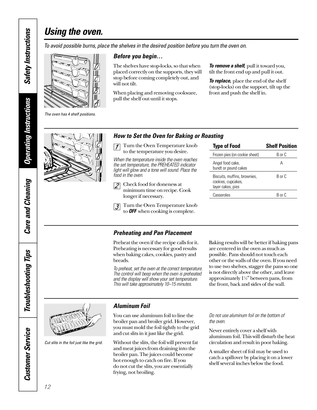 GE JBP61 Operating Instructions, Troubleshooting Tips, Before you begin…, Preheating and Pan Placement, Aluminum Foil 