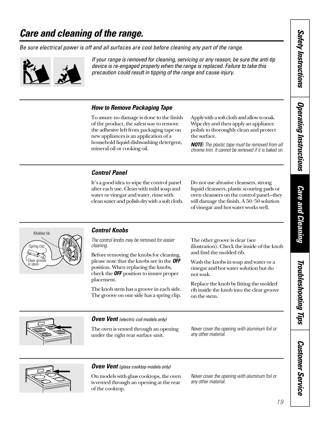 GE JBP62, JBP61, RB756 Care and cleaning of the range, Safety Instructions Operating Instructions, Cleaning Troubleshooting 