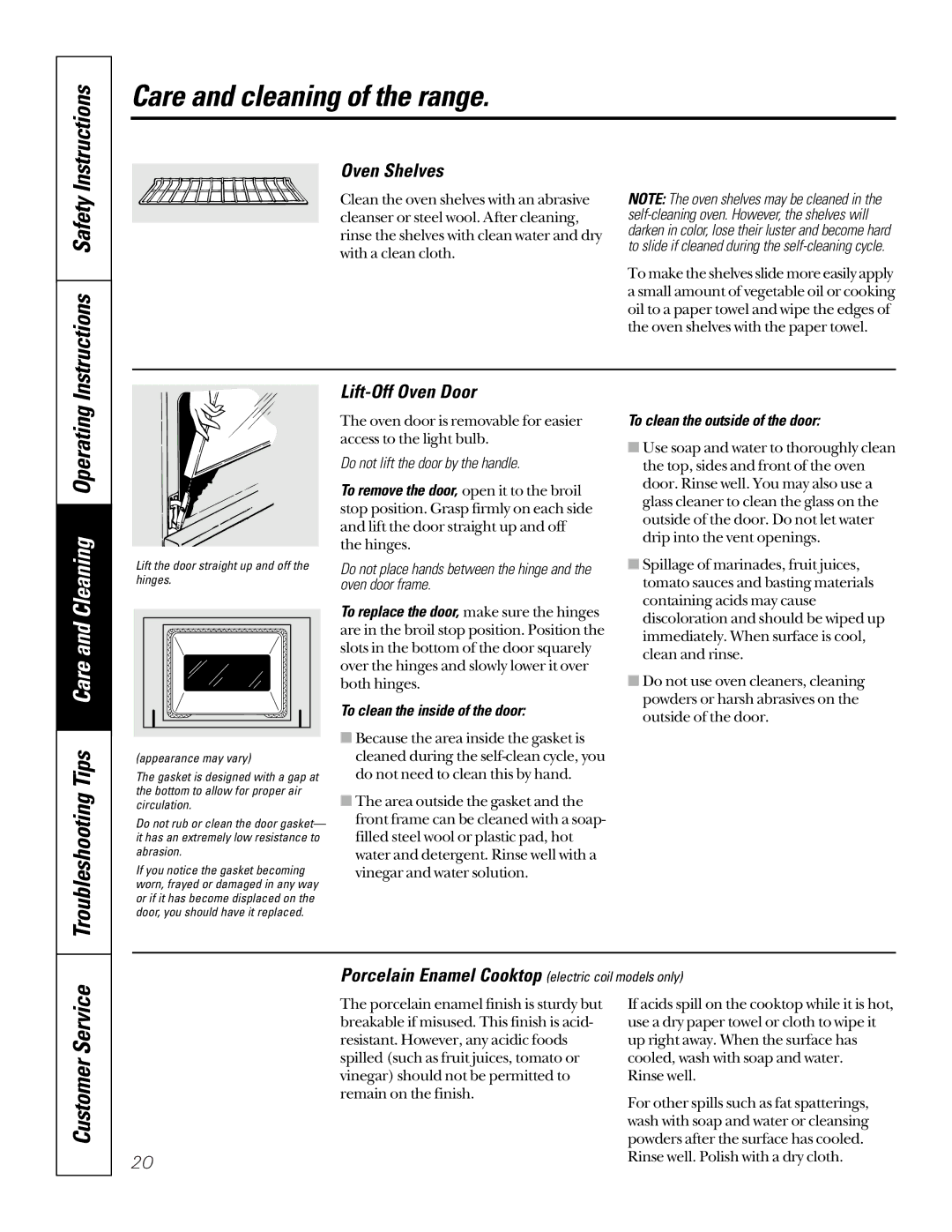 GE LEB327, JBP61, RB756, RB755, RB754, JBP23, JBP18 Instructions Safety, Oven Shelves, Lift-Off Oven Door, Customer Service 