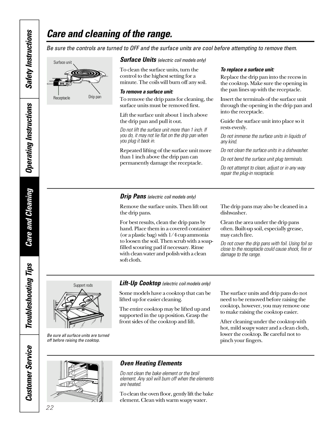 GE LEB326, JBP61 Operating Instructions Safety, Tips Care and Cleaning, Service Troubleshooting, Oven Heating Elements 