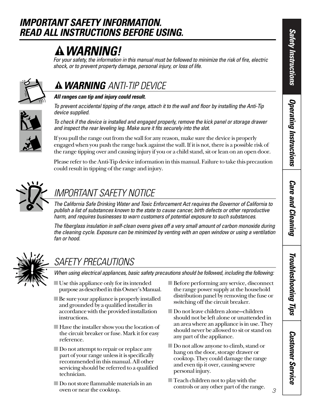 GE RB754, JBP61, RB756, RB755, JBP23, JBP18, JBP58, JBP62 Important Safety Notice, Safety Precautions, Tips Customer Service 