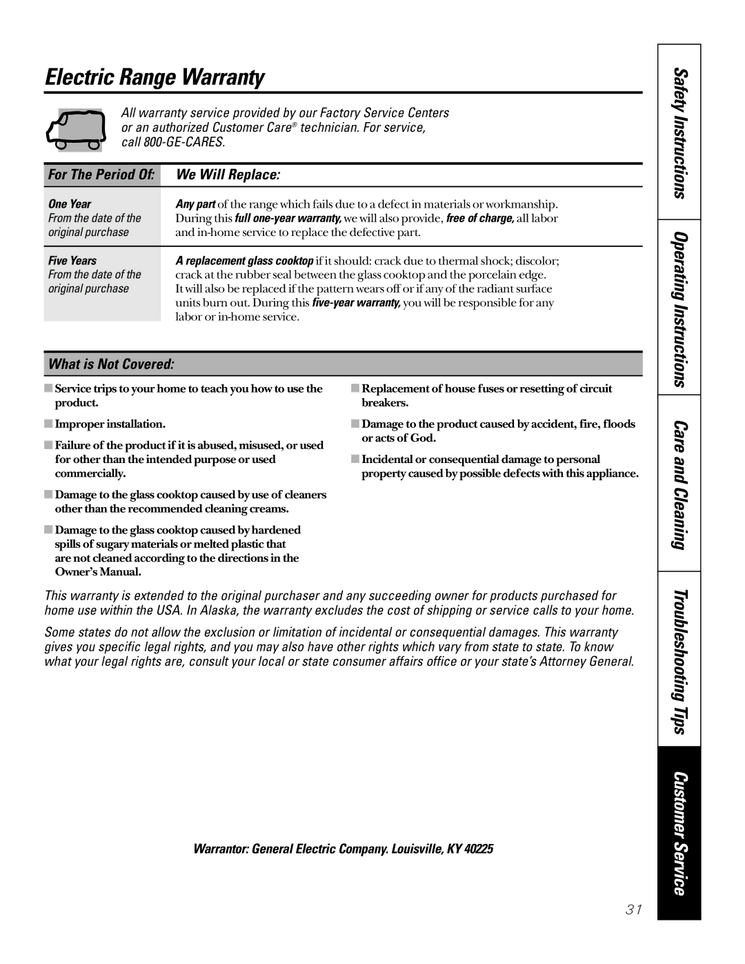 GE JBP62, JBP61, RB756 Electric Range Warranty, Troubleshooting Tips Customer Service, We Will Replace, What is Not Covered 