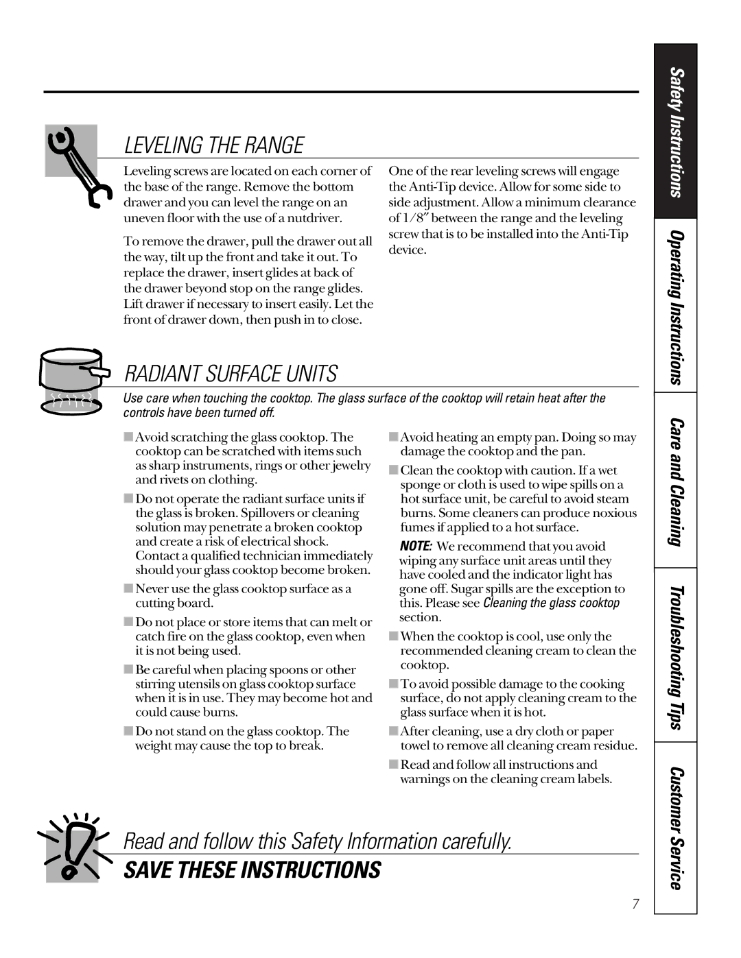 GE JBP62, JBP61, RB756, RB755, RB754, JBP23, JBP18 Leveling the Range, Radiant Surface Units, Service, Operating Instructions 