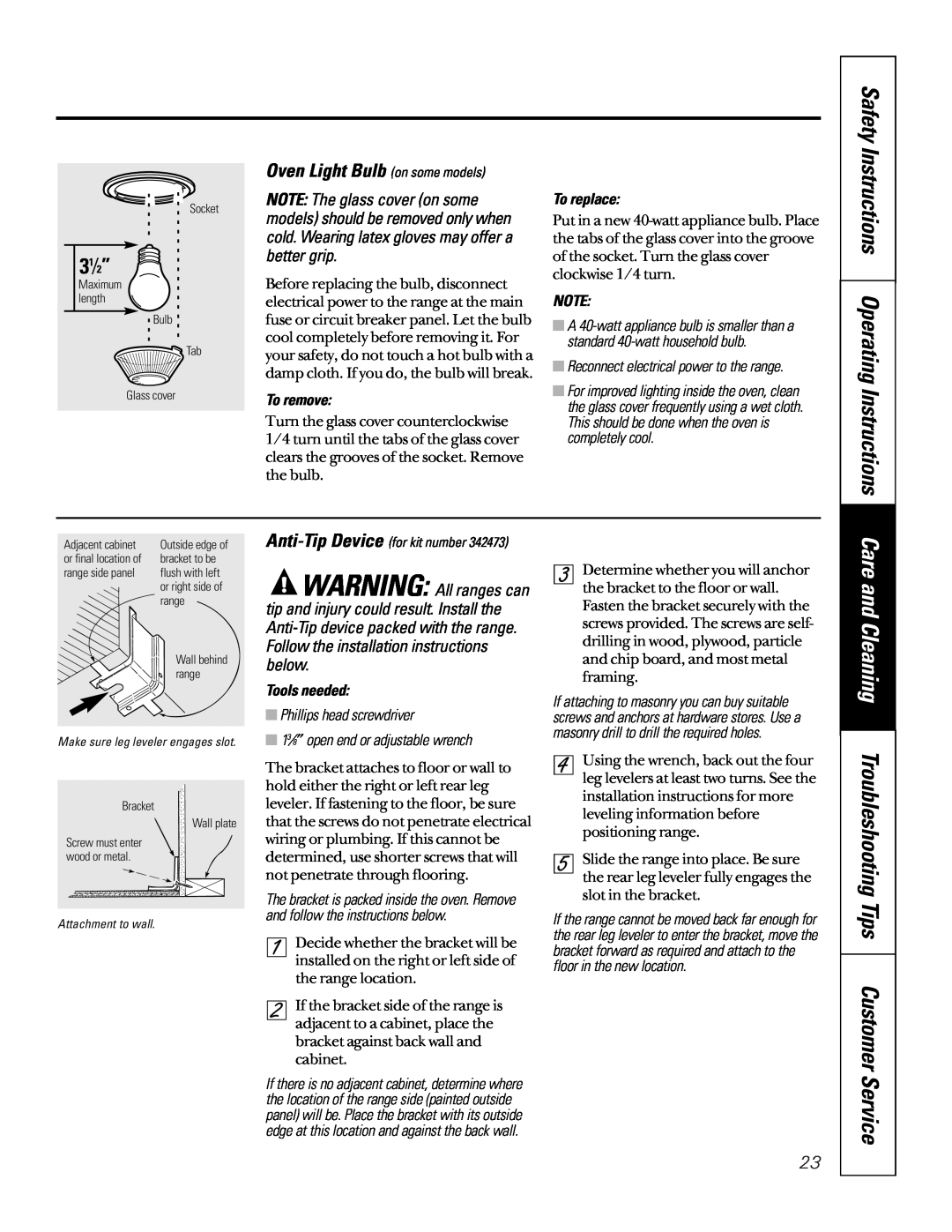 GE LEB356 Safety Instructions Operating Instructions, 31⁄2”, Oven Light Bulb on some models, Phillips head screwdriver 